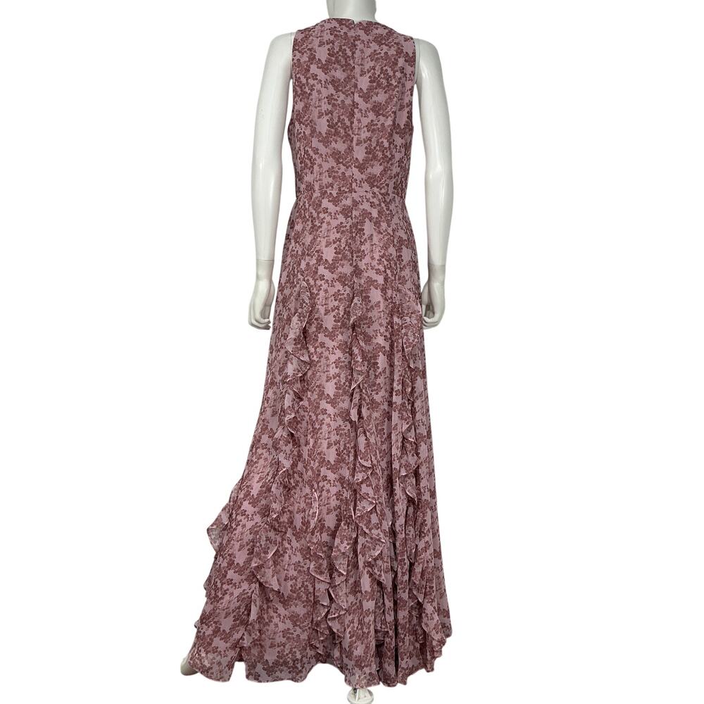 Mikael Aghal Elegant Lilac Ruffled Floral Chiffon Maxi Dress Size 8 - Picture 3 of 4